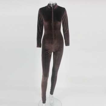  Winter Long Rompers Slim Full Overalls Women Sexy Turtleneck Pleuche Bodysuits Bodycon Velvet Jumpsuits